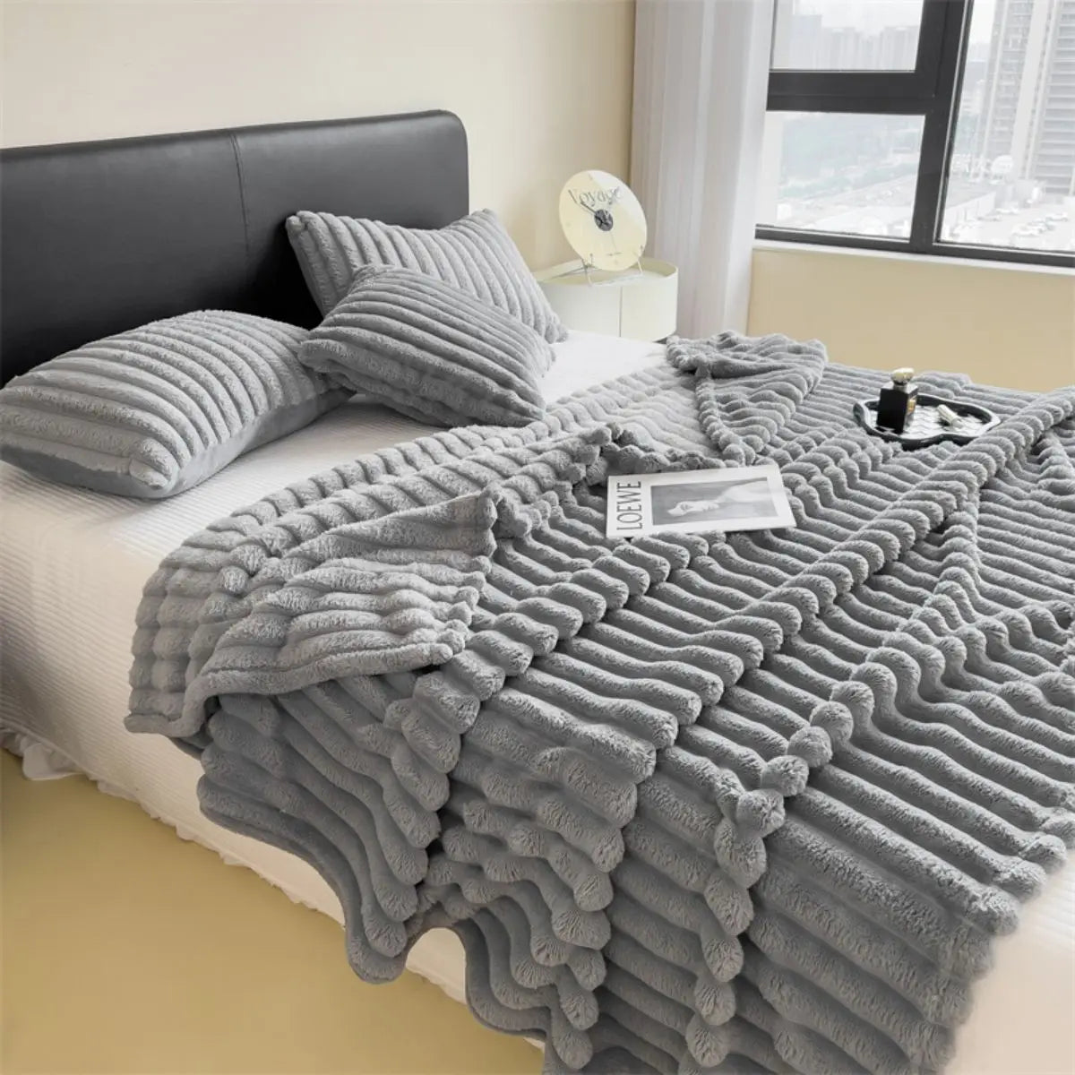 Solid color thickened wide striped multifunctional blanket, can be used as bed sheet cover blanket, nap blanket, pet blanket. Brings family's together with the softness and warmth.