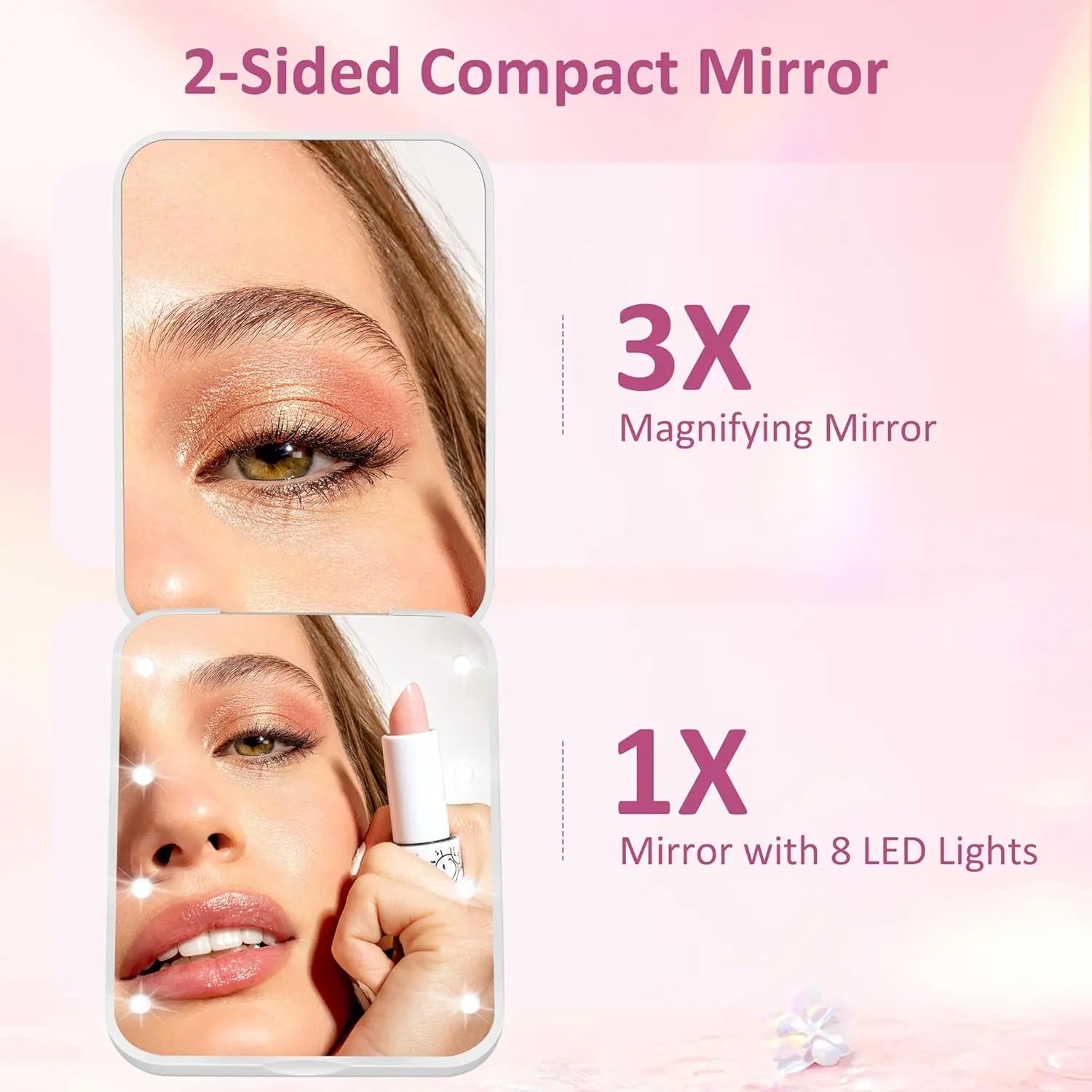 Cute Mini Handheld Makeup Mirror 1X/3X Magnifiying Compact Folding Travel School Portable With Light Makeup Pocket Mirror 8 Leds for Gifts