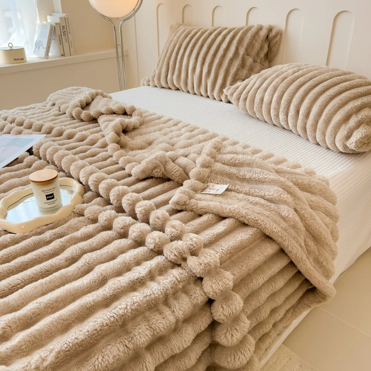 Solid color thickened wide striped multifunctional blanket, can be used as bed sheet cover blanket, nap blanket, pet blanket. Brings family's together with the softness and warmth.