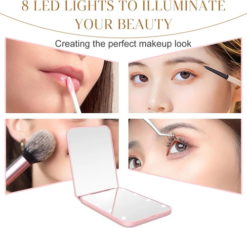 Cute Mini Handheld Makeup Mirror 1X/3X Magnifiying Compact Folding Travel School Portable With Light Makeup Pocket Mirror 8 Leds for Gifts