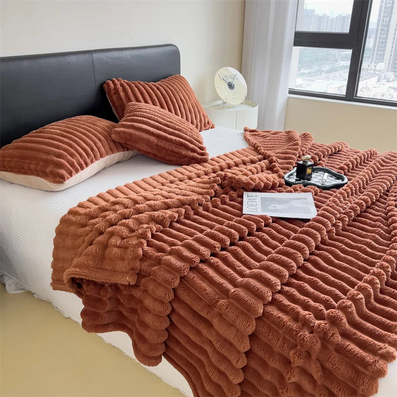 Solid color thickened wide striped multifunctional blanket, can be used as bed sheet cover blanket, nap blanket, pet blanket. Brings family's together with the softness and warmth.