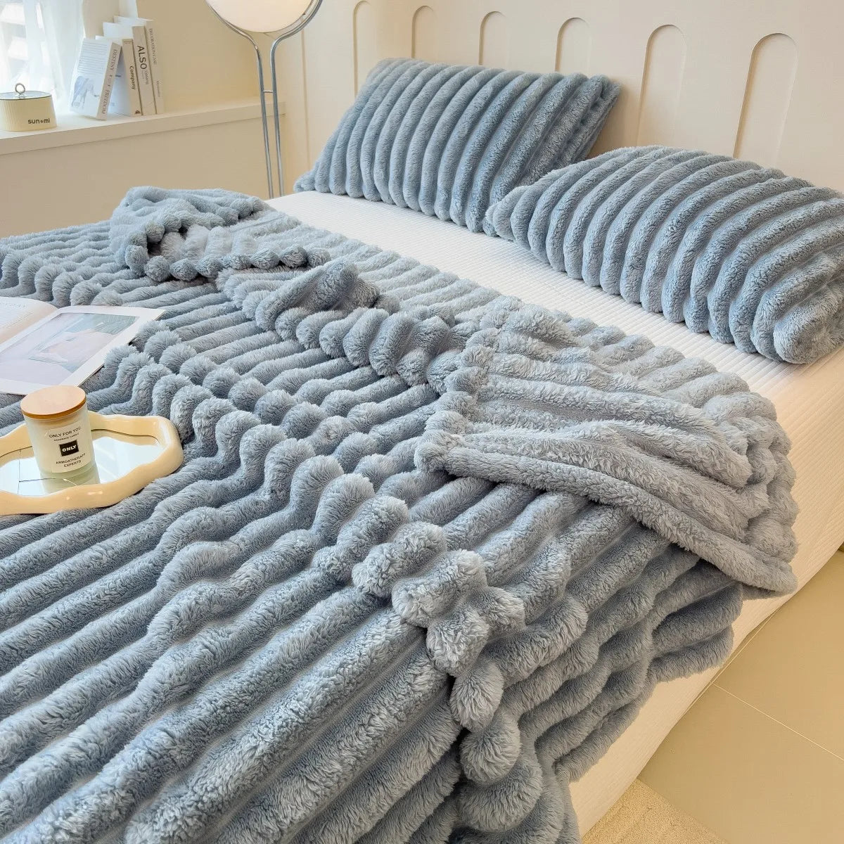 Solid color thickened wide striped multifunctional blanket, can be used as bed sheet cover blanket, nap blanket, pet blanket. Brings family's together with the softness and warmth.