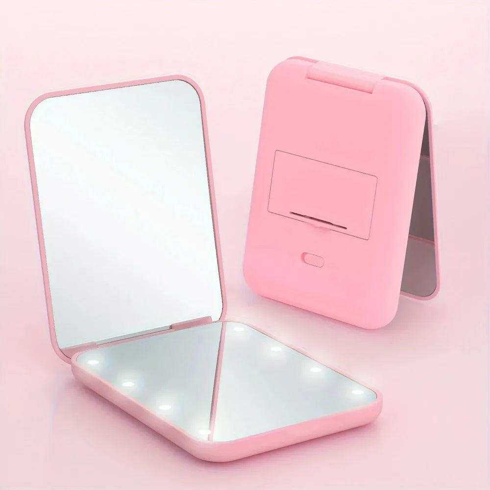 Cute Mini Handheld Makeup Mirror 1X/3X Magnifiying Compact Folding Travel School Portable With Light Makeup Pocket Mirror 8 Leds for Gifts
