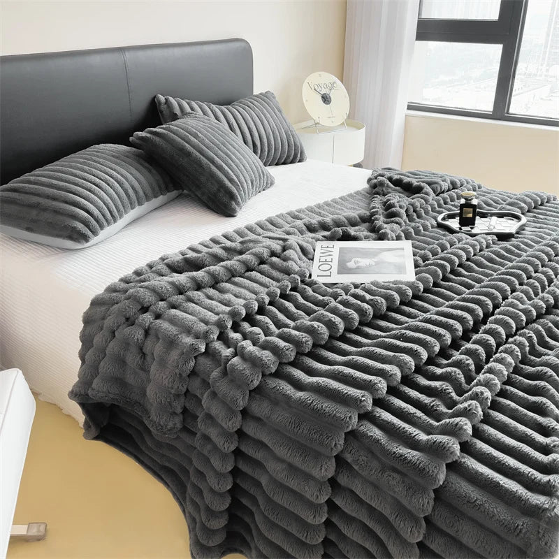Solid color thickened wide striped multifunctional blanket, can be used as bed sheet cover blanket, nap blanket, pet blanket. Brings family's together with the softness and warmth.