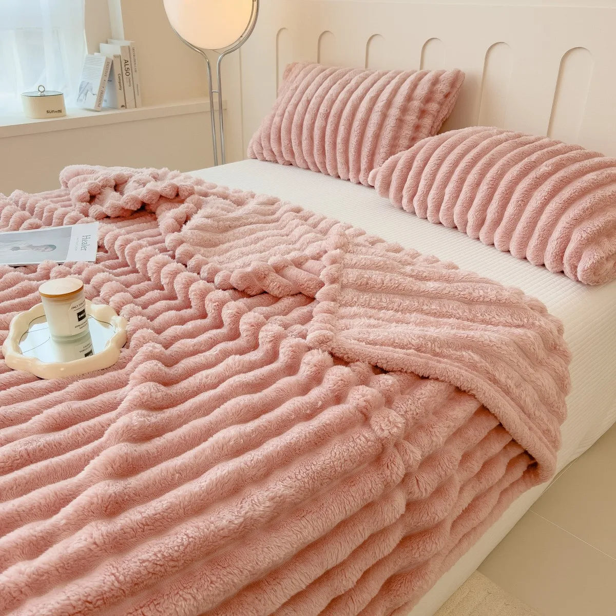 Solid color thickened wide striped multifunctional blanket, can be used as bed sheet cover blanket, nap blanket, pet blanket. Brings family's together with the softness and warmth.